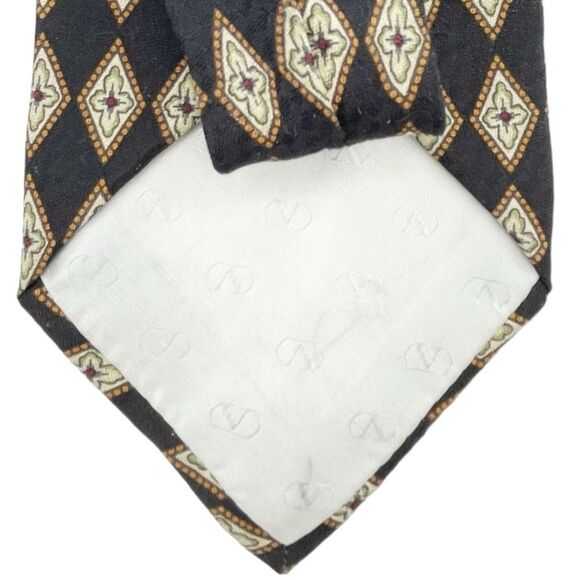 Vintage Valentino Cravatte 100% Silk Necktie Diamond Print Chocolate Gold Black - Picture 7 of 12